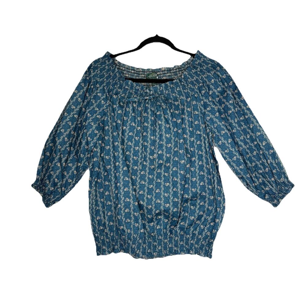 Lauren Jeans Ralph Lauren Blue Peasant Floral Boho Boat Neckline Tie Blouse Sz L